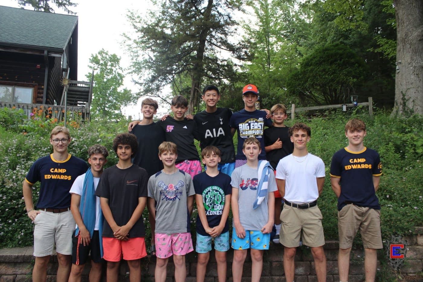 The Junior Leaders group outside the lodge at YMCA Camp Edwards